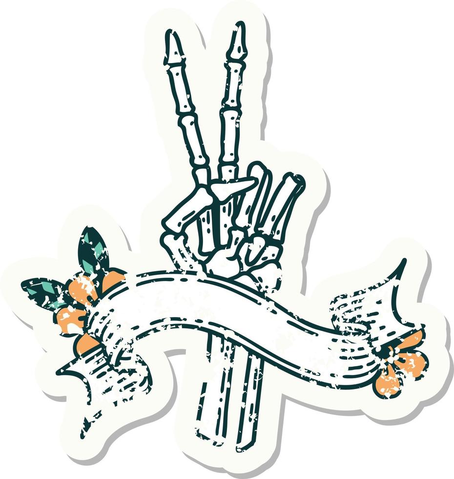 worn old sticker with banner of a skeleton giving a peace sign vector