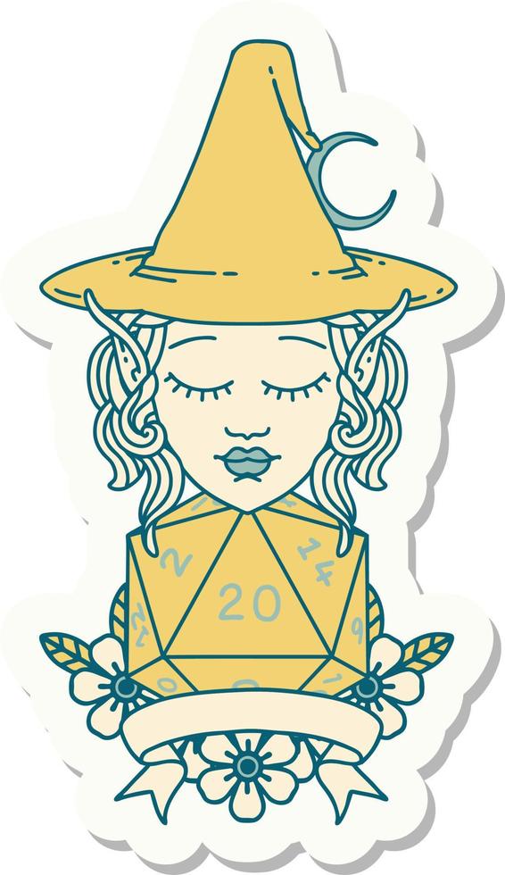 sticker of a elf mage character with natural twenty dice roll vector
