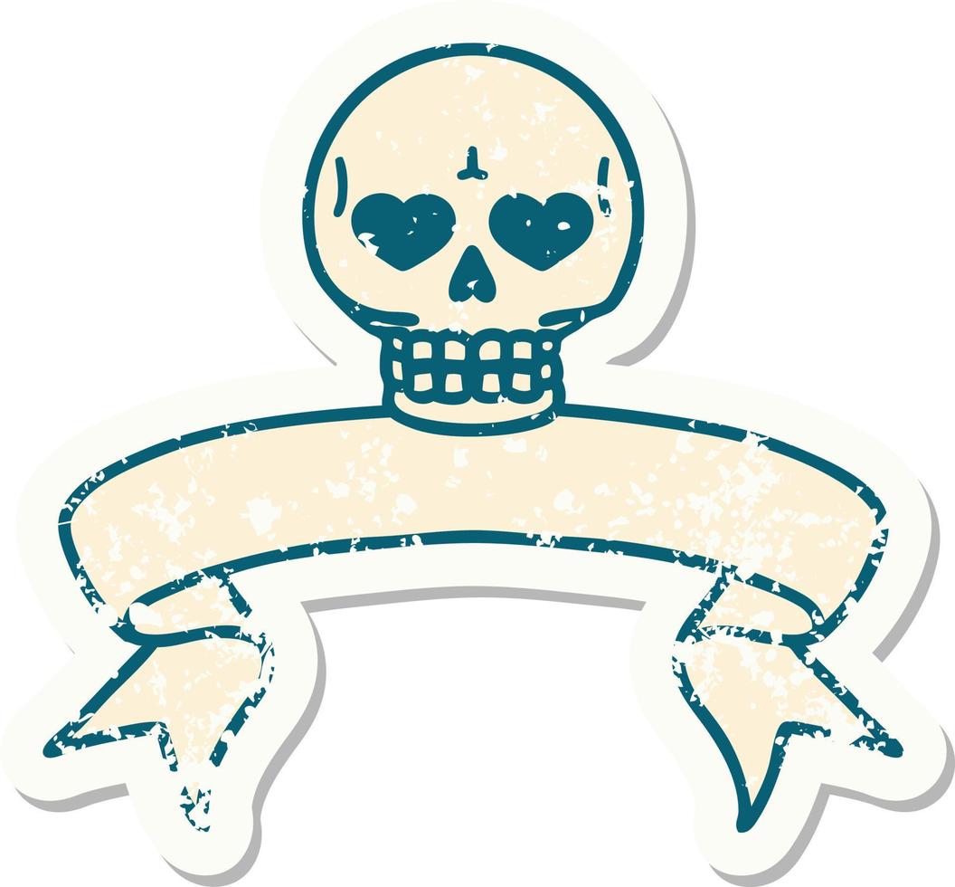 worn old sticker with banner of a skull vector