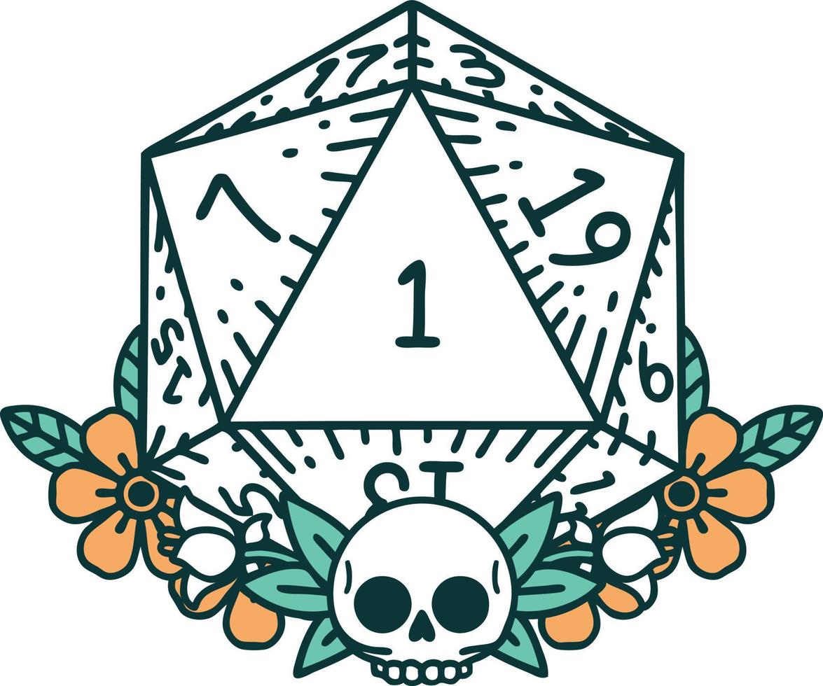 Retro Tattoo Style natural one dice roll with floral elements vector