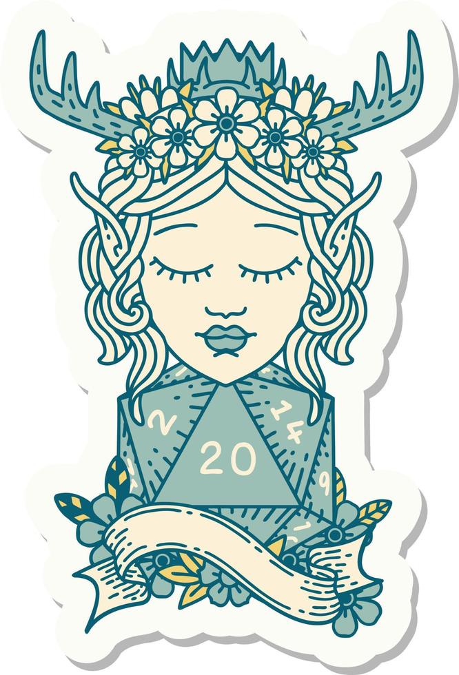 sticker of a elf druid character with natural twenty dice roll vector
