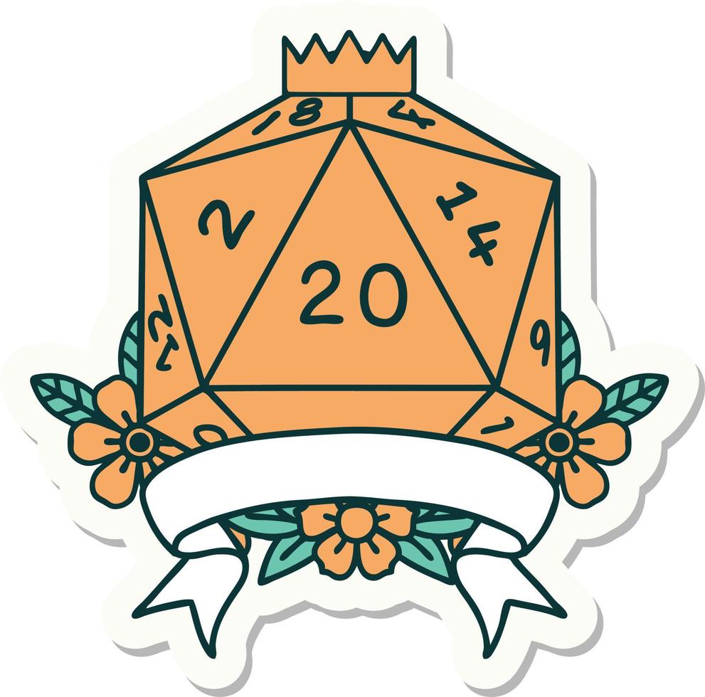 sticker of a natural 20 critical hit D20 dice roll vector