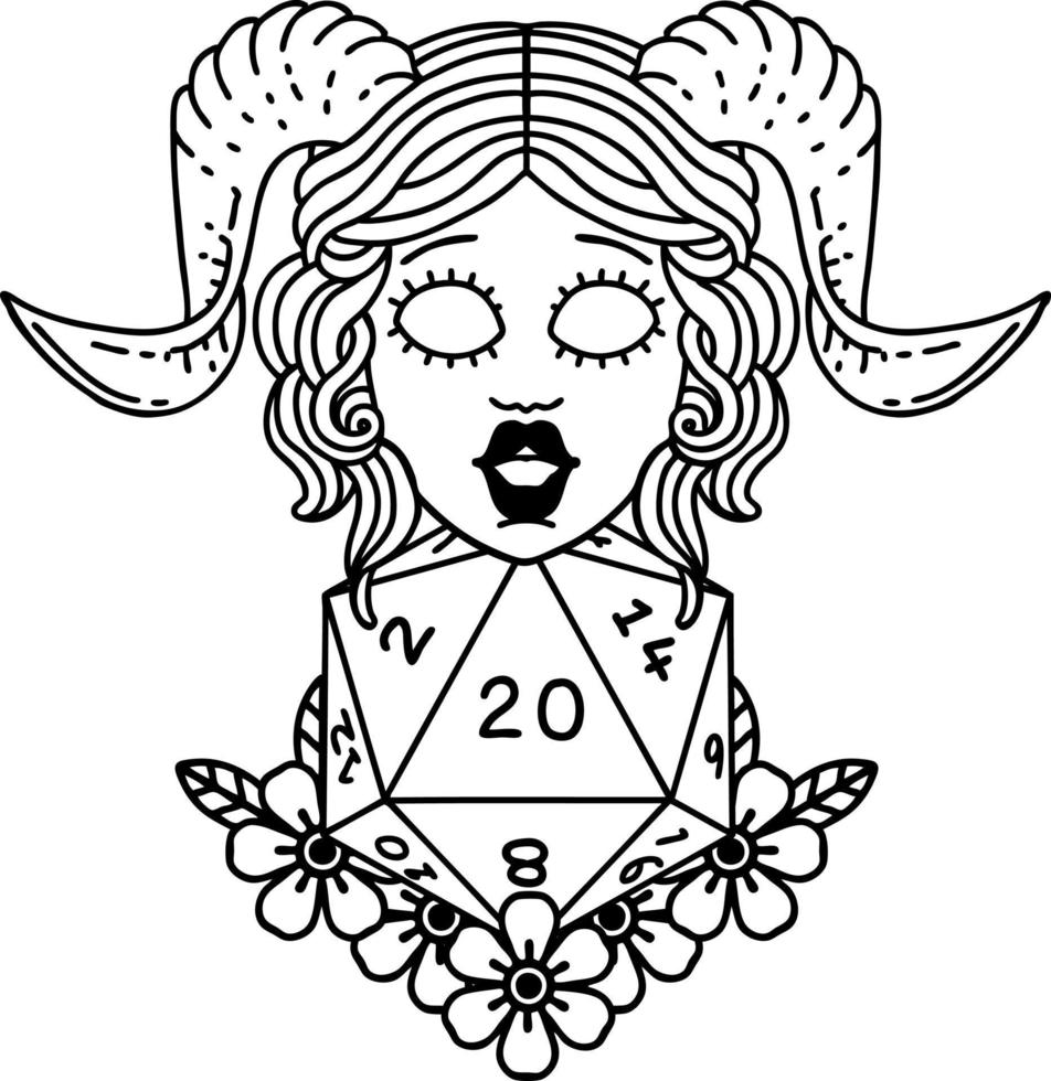 Black and White Tattoo linework Style tiefling with natural twenty dice roll vector