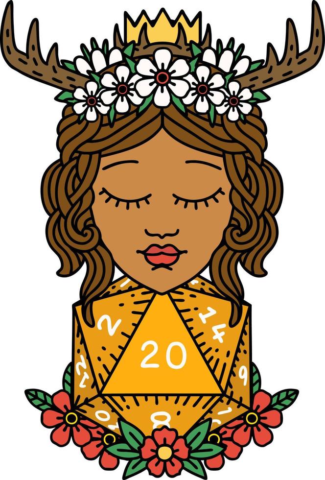 Retro Tattoo Style human druid with natural twenty dice roll vector