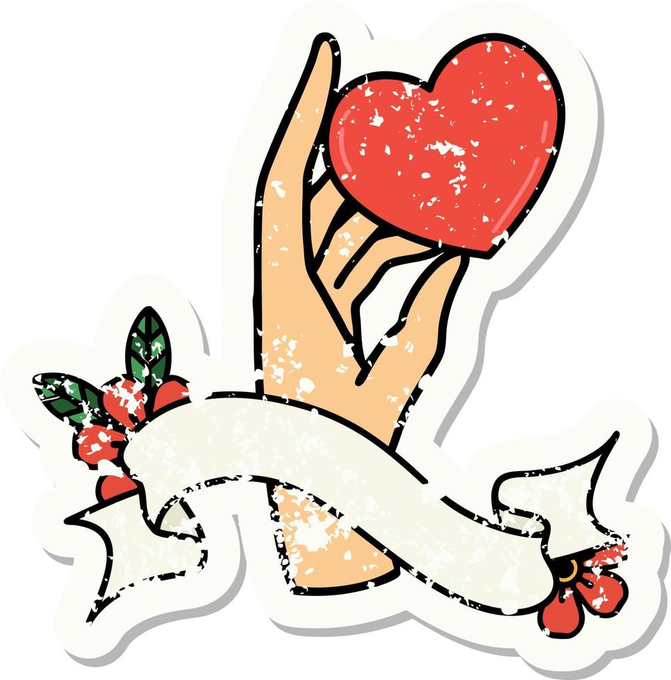 worn old sticker with banner of a hand holding a heart vector