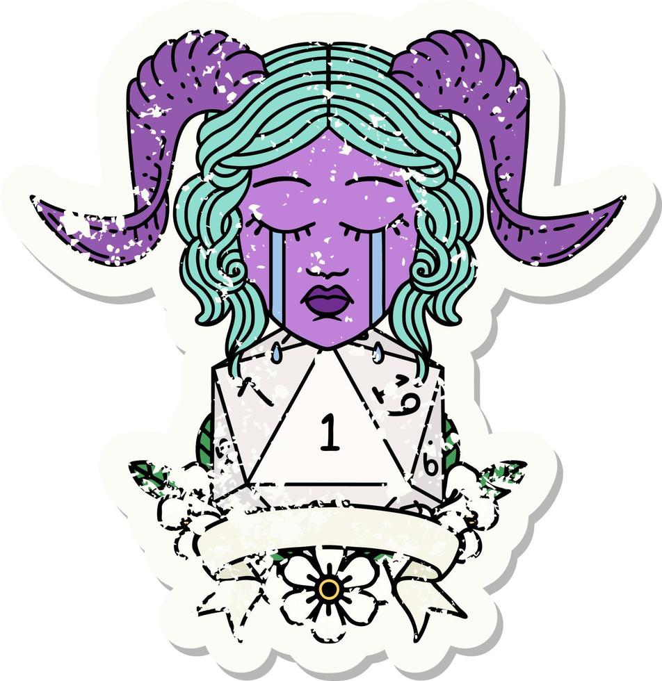 Retro Tattoo Style crying tiefling face with natural 1 D20 Dice vector