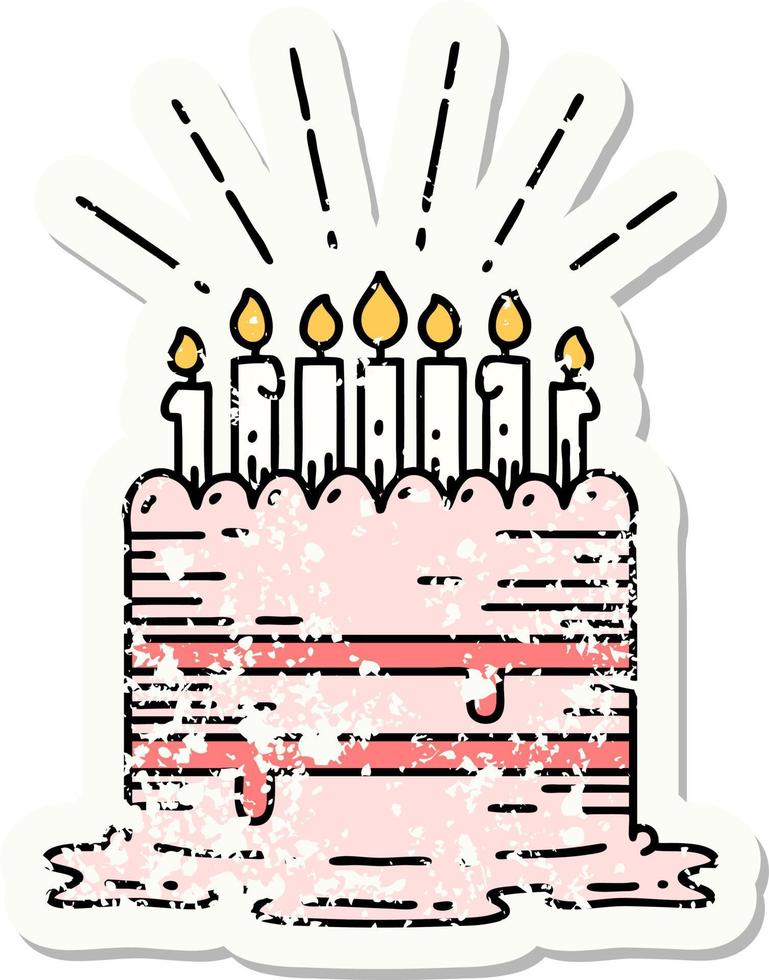 worn old sticker of a tattoo style birthday cake vector