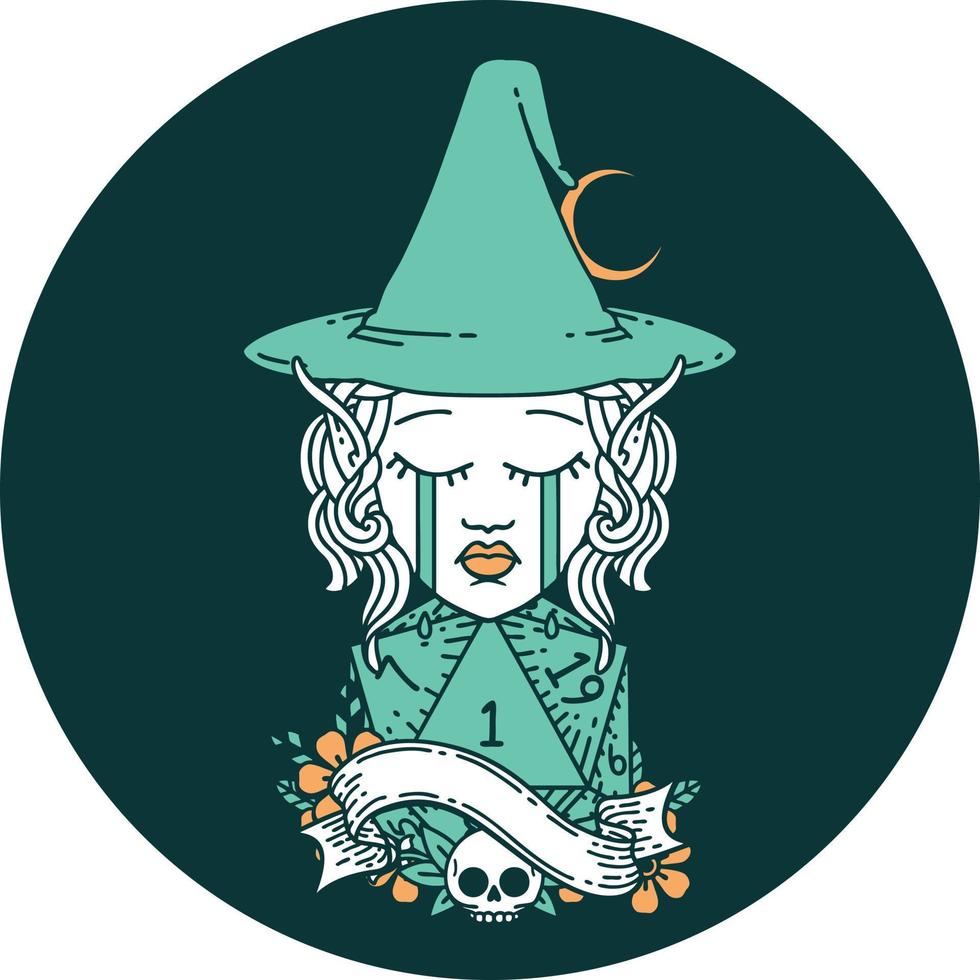 icon of crying elf mage character face with natural one D20 roll vector