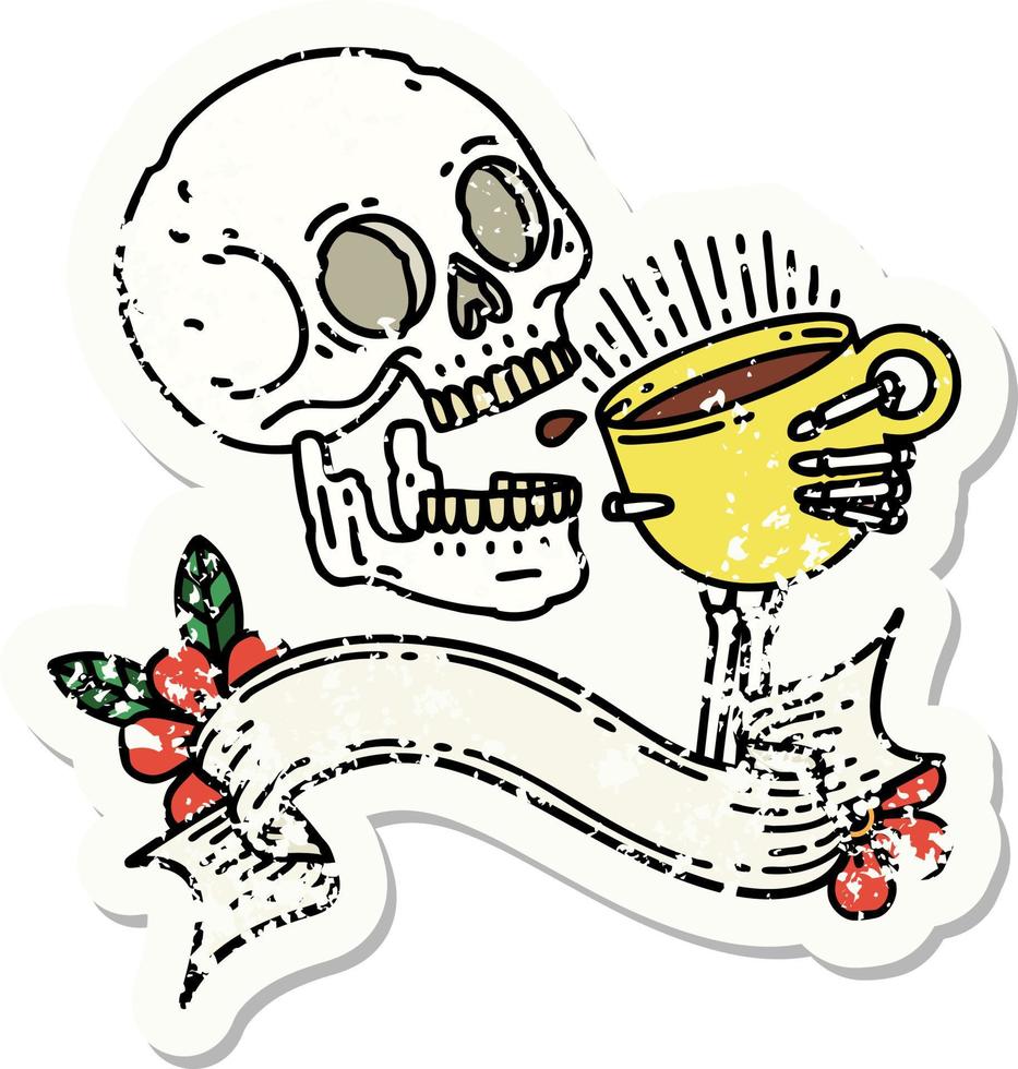 worn old sticker with banner of a skull drinking coffee vector