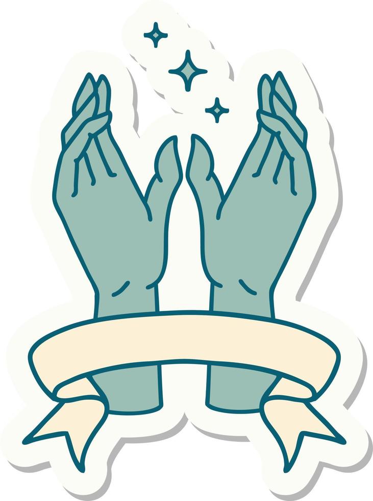 tattoo style sticker with banner of reaching hands vector