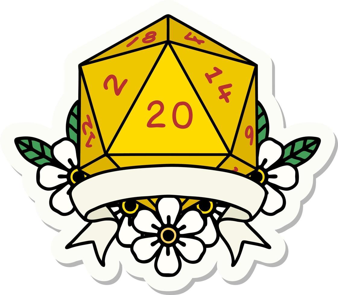 sticker of a natural 20 critical hit D20 dice roll vector