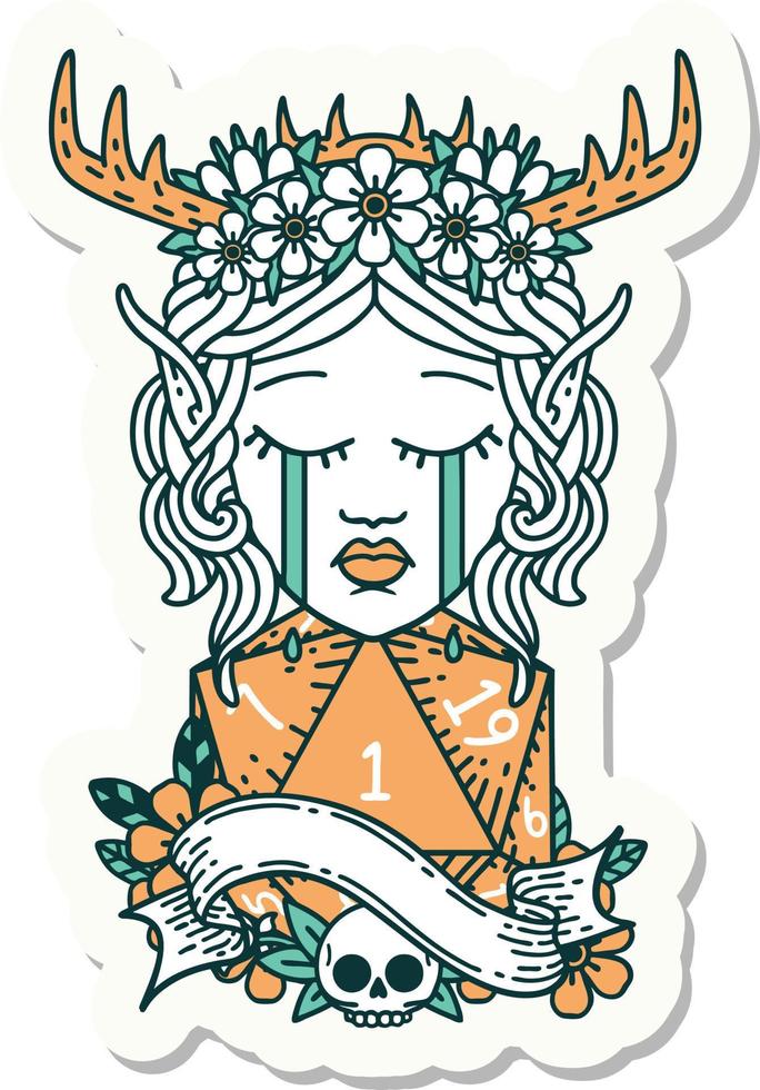 sticker of a crying elf druid character face with natural one D20 dice roll vector