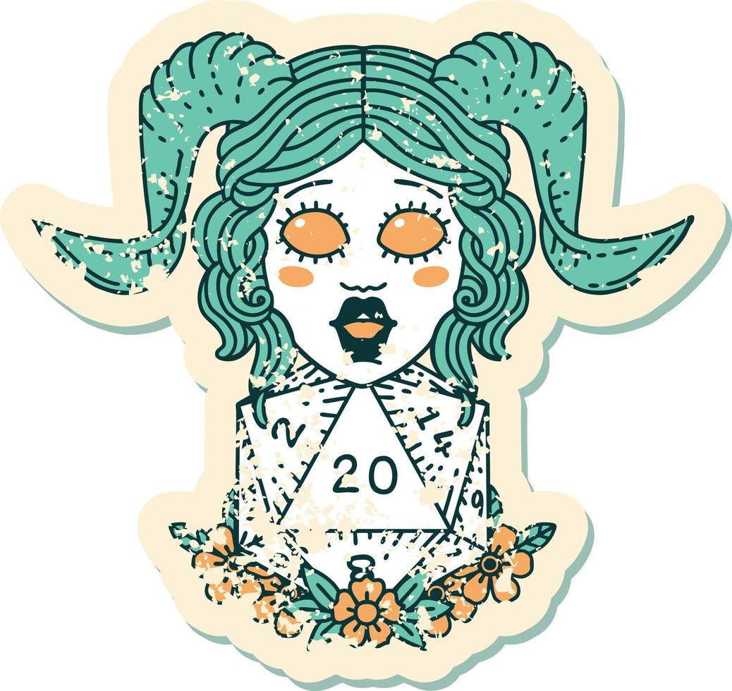 grunge sticker of a tiefling with natural twenty dice roll vector