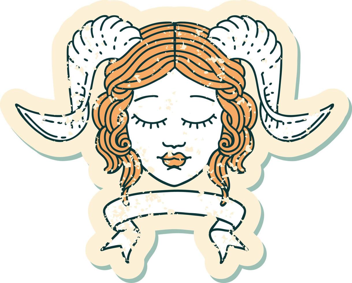 grunge sticker of a tiefling character face with scroll banner vector