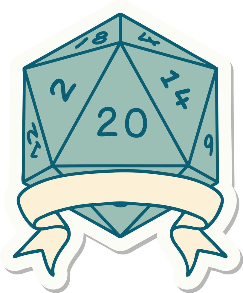 sticker of a natural 20 critical hit D20 dice roll vector