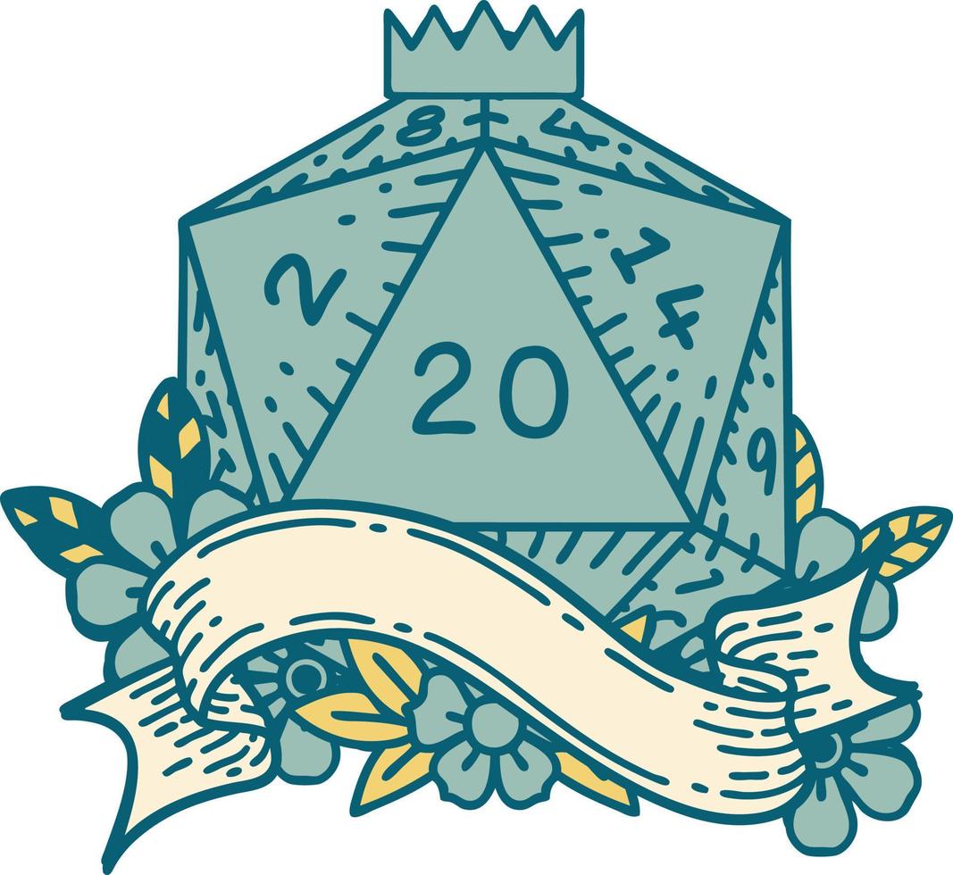 Retro Tattoo Style natural twenty D20 dice roll vector