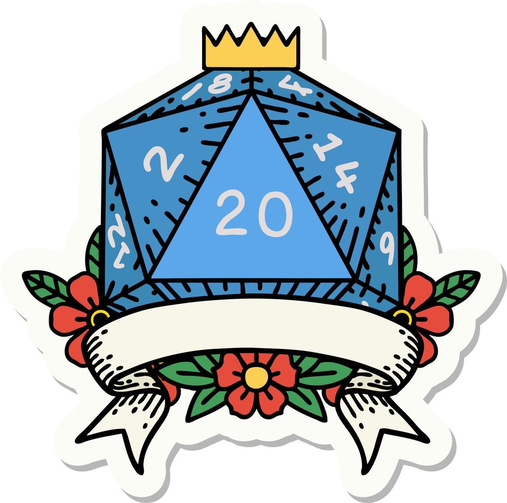 sticker of a natural 20 critical hit D20 dice roll vector