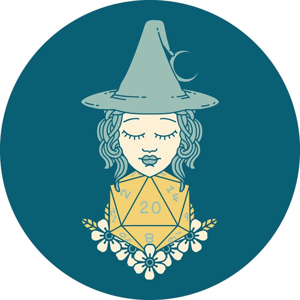 Retro Tattoo Style human witch with natural twenty dice roll vector