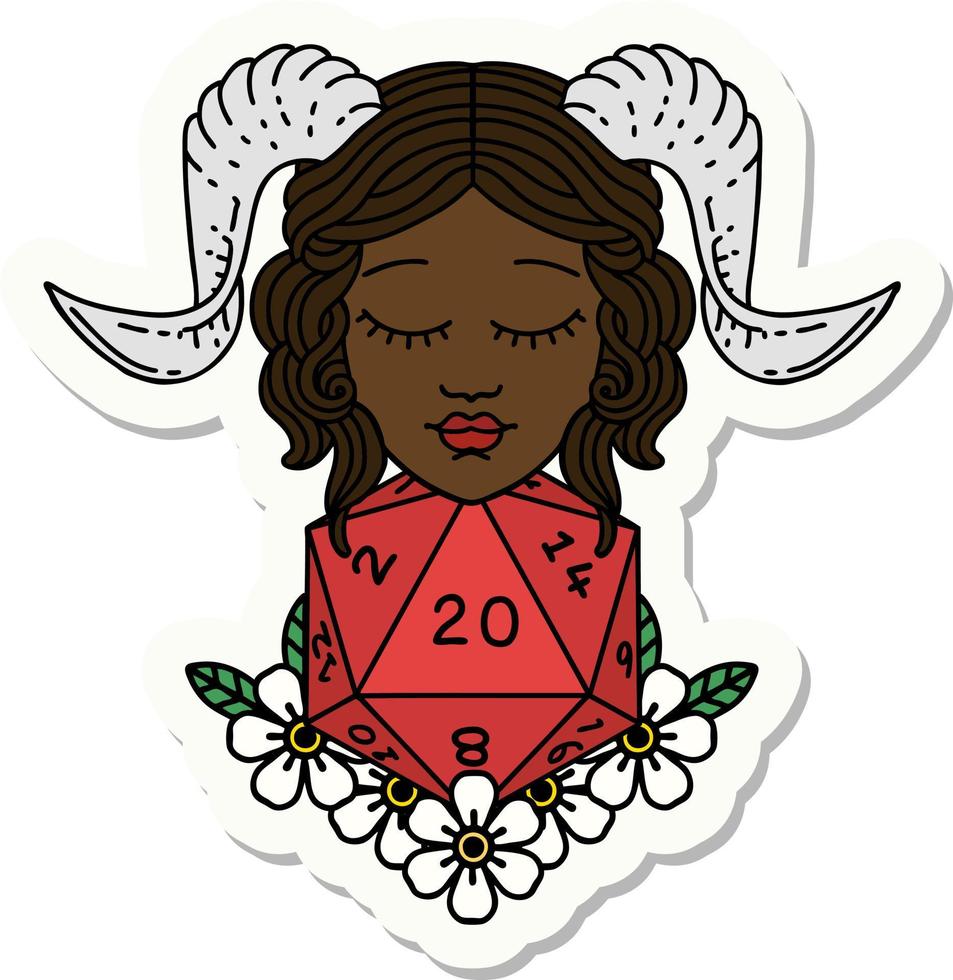 sticker of a tiefling with natural 20 D20 dice roll vector