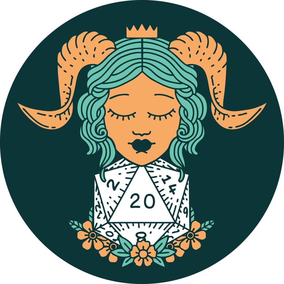 icon of tiefling with natural twenty d20 dice roll vector