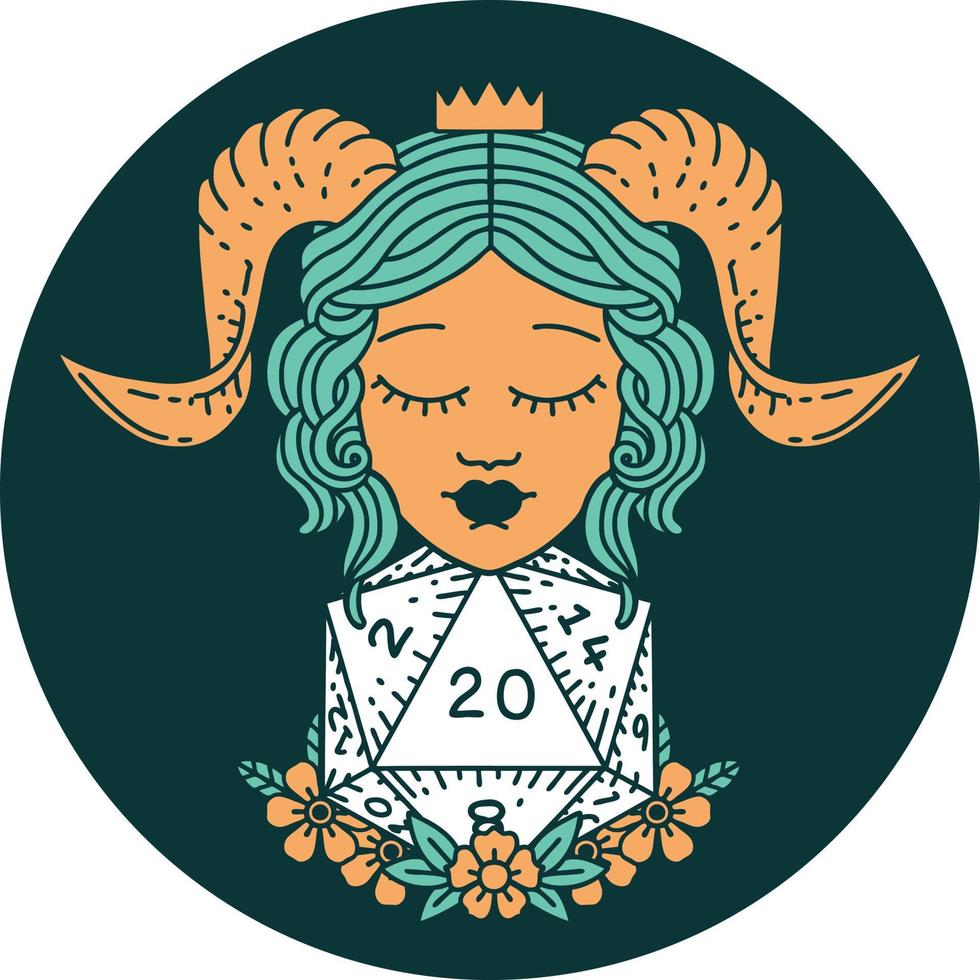 icon of tiefling with natural twenty d20 dice roll vector