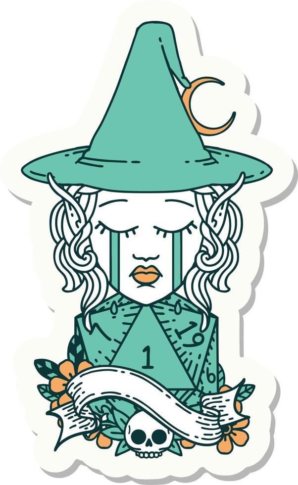 sticker of a crying elf mage character face with natural one D20 roll vector