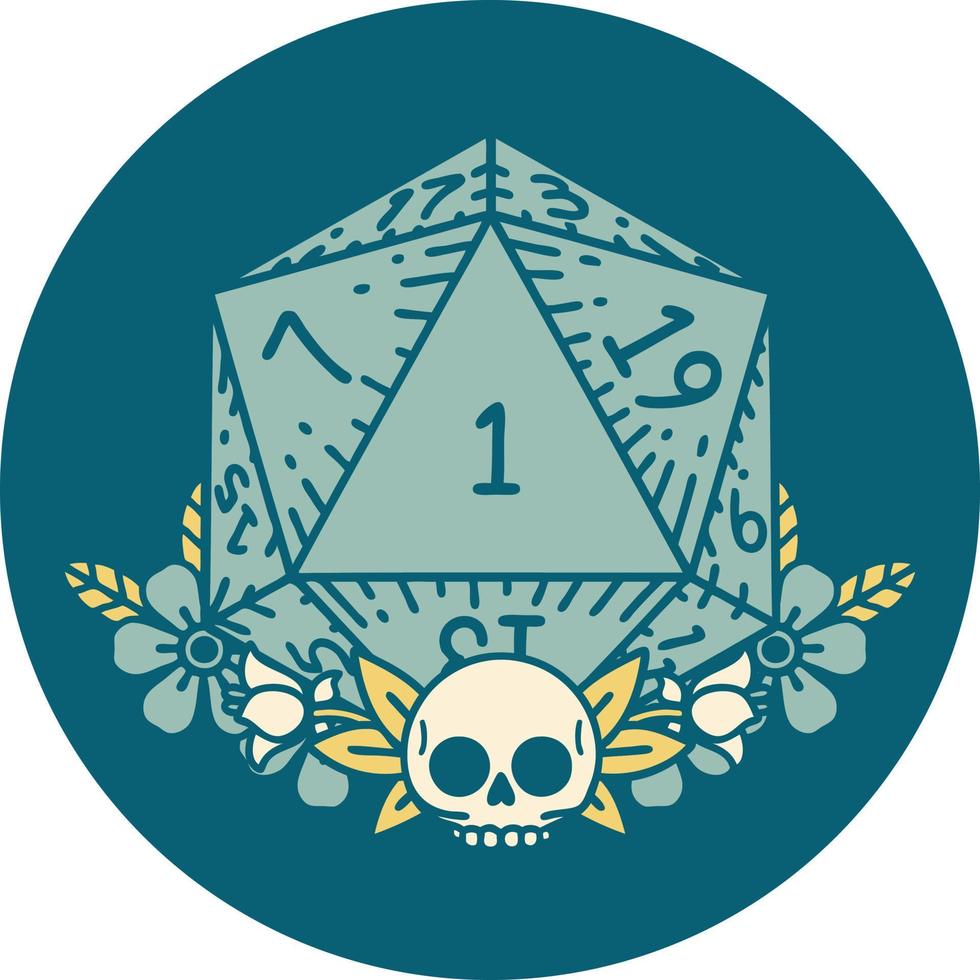 Retro Tattoo Style natural one dice roll with floral elements vector