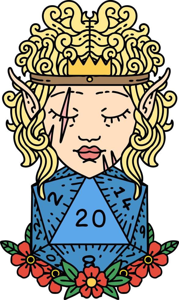 Retro Tattoo Style elf barbarian character with natural 20 dice roll vector