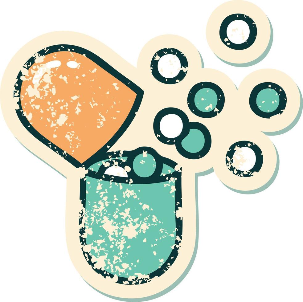 grunge sticker of a burst open medical capsule pill vector