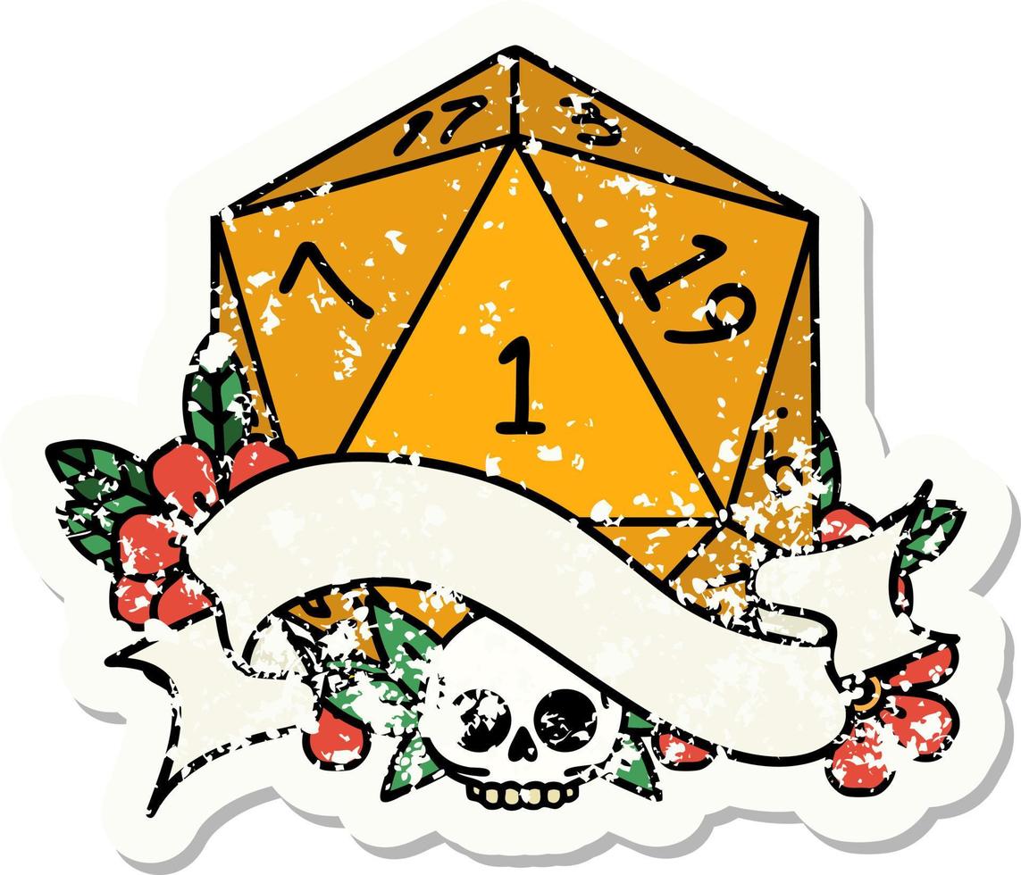 grunge sticker of a natural one d20 dice roll vector