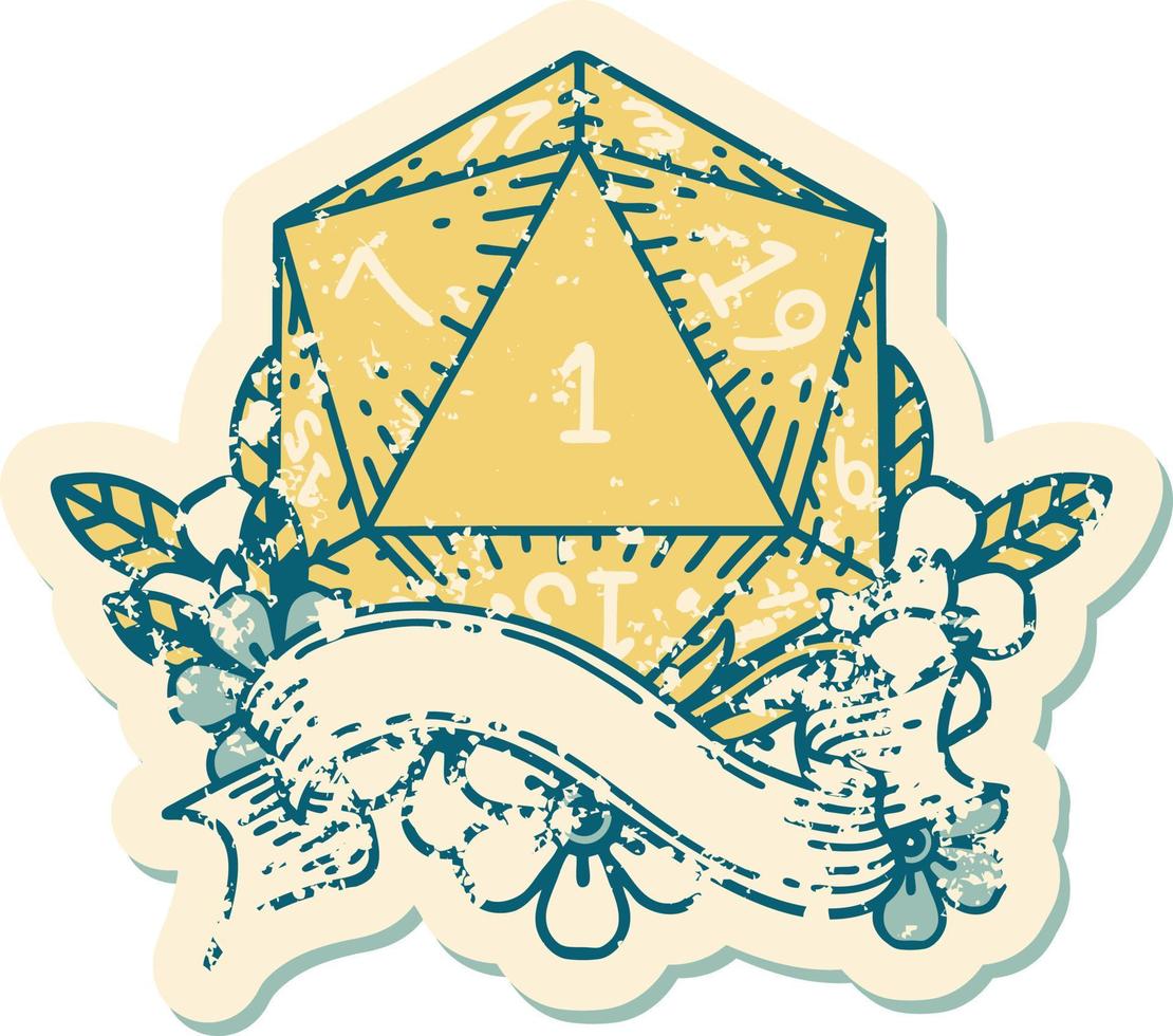 Retro Tattoo Style natural one d20 dice roll vector