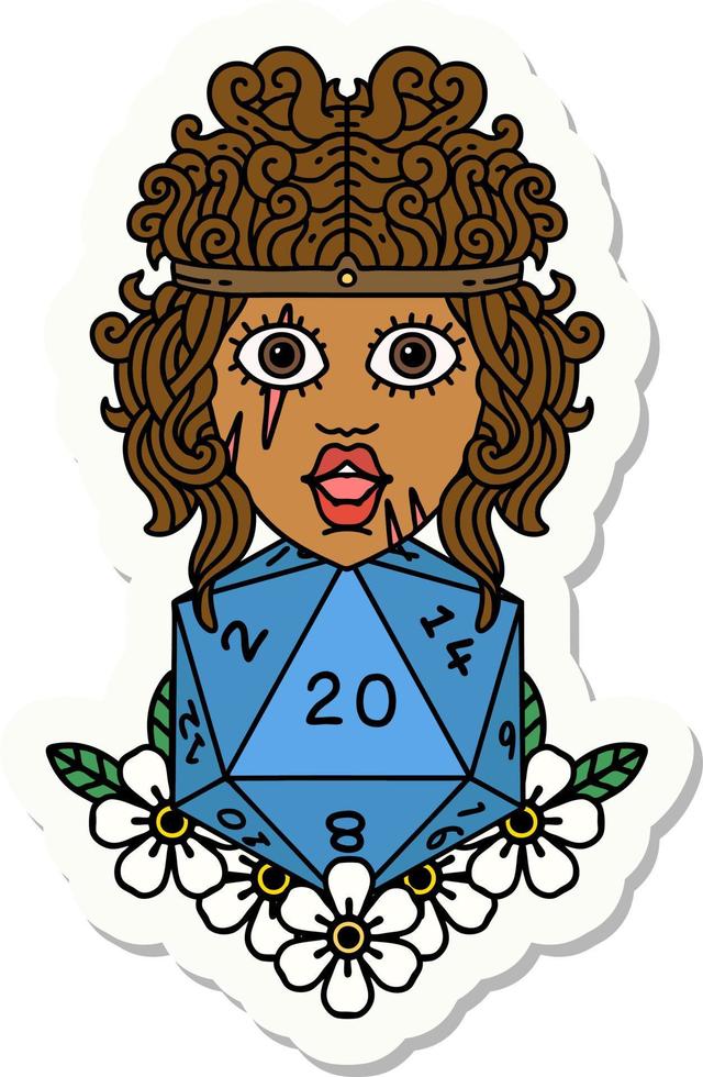 sticker of a human barbarian with natural twenty dice roll vector