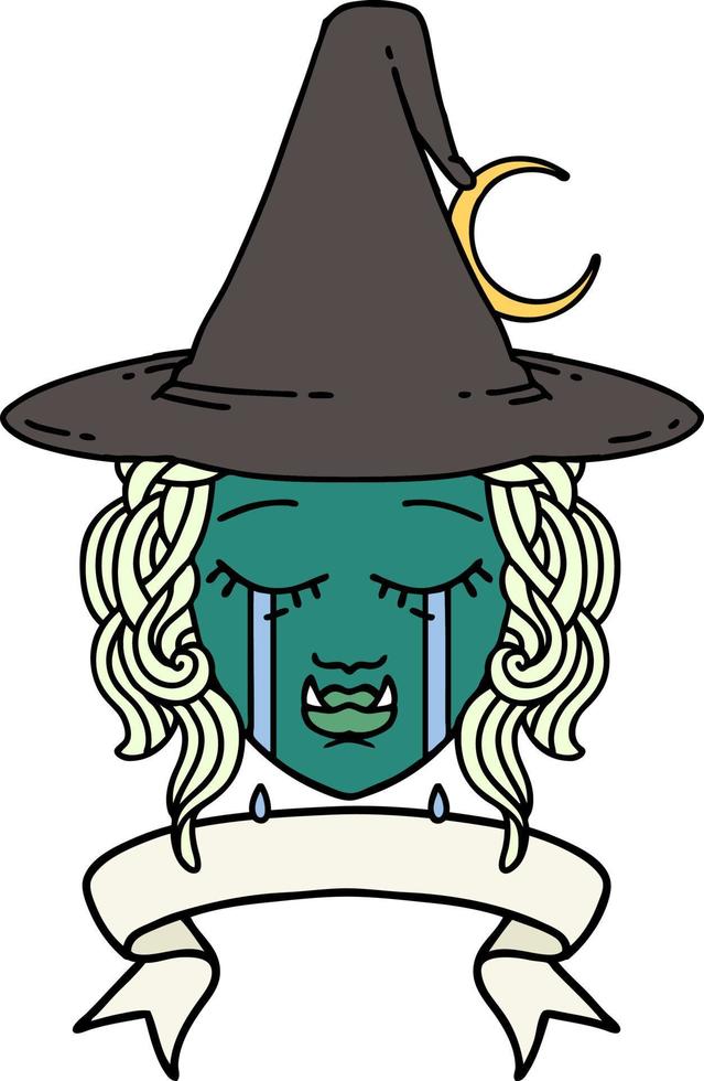 Retro Tattoo Style crying half orc witch character face vector