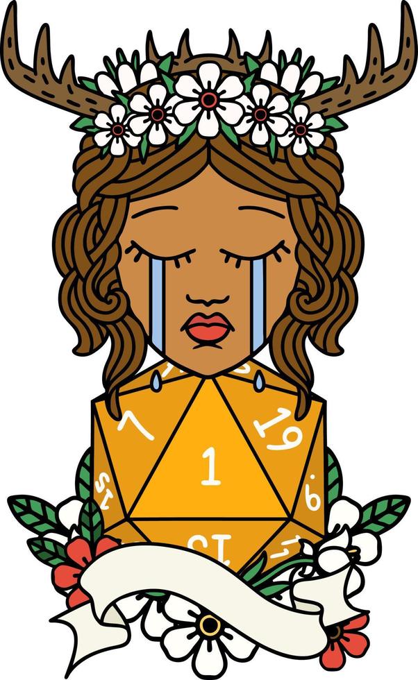 Retro Tattoo Style crying human druid with D20 natural one roll vector