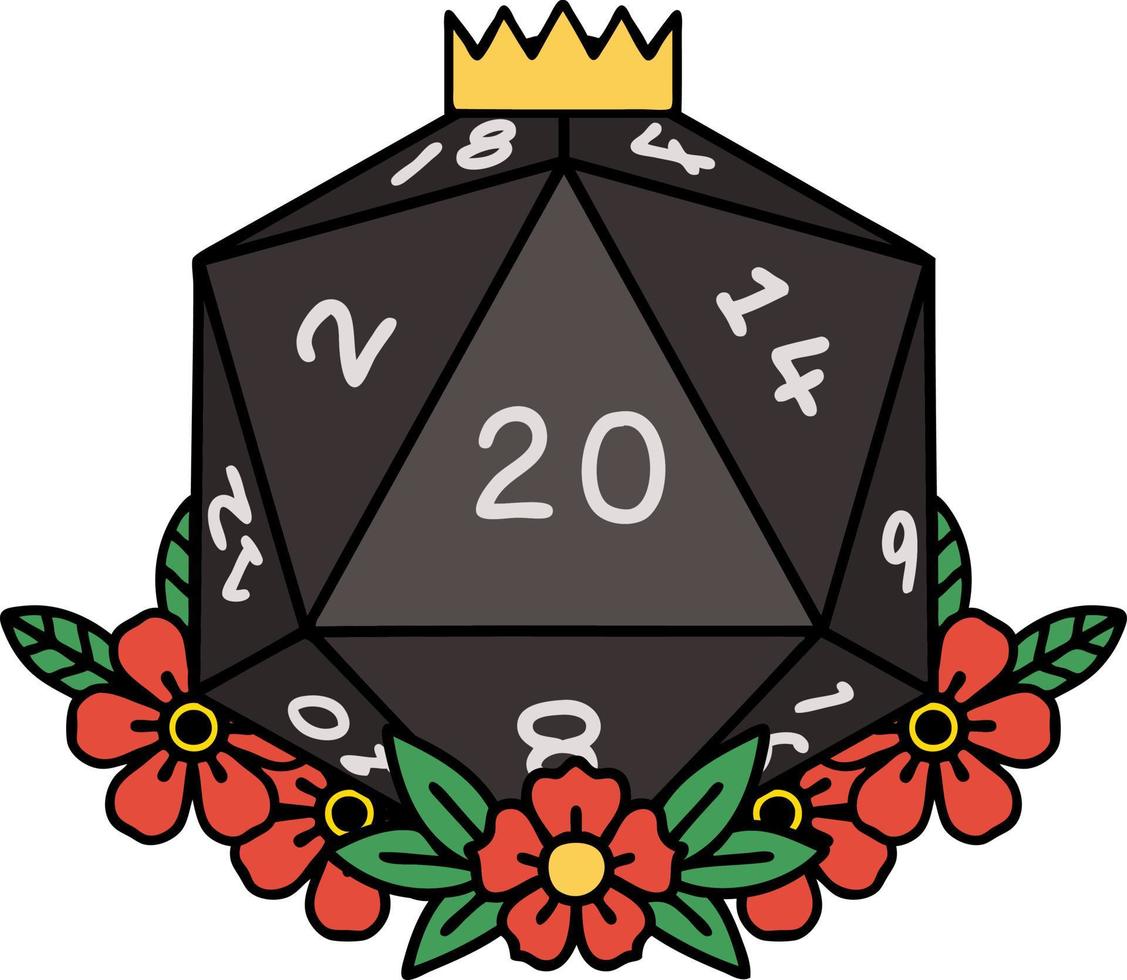 Retro Tattoo Style natural 20 D20 dice roll with floral elements vector