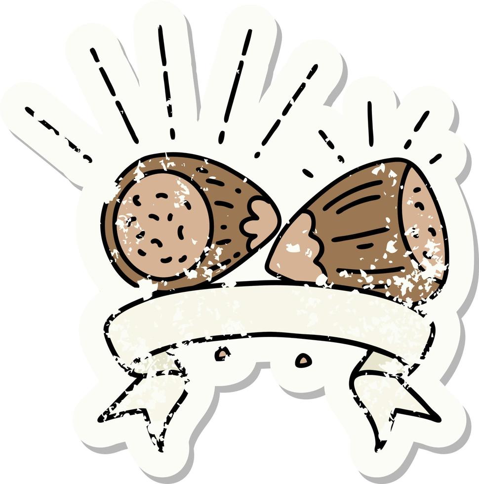 worn old sticker of a tattoo style hazelnuts vector