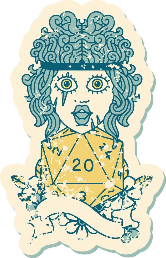 Retro Tattoo Style human barbarian with natural 20 dice roll vector