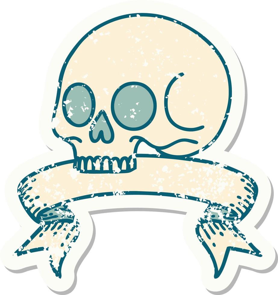 worn old sticker with banner of a skull vector