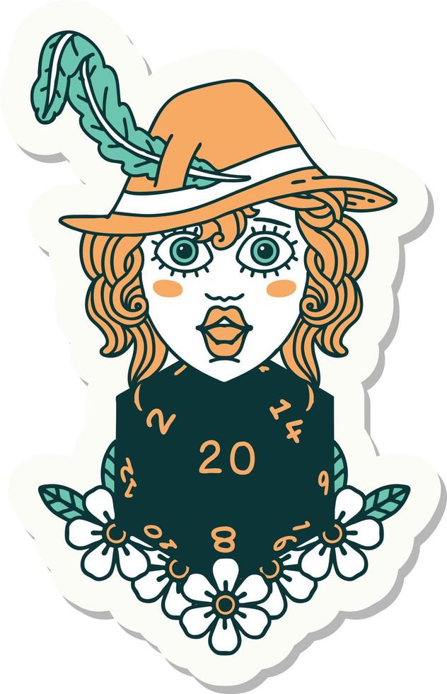 sticker of a human bard with natural 20 dice roll vector