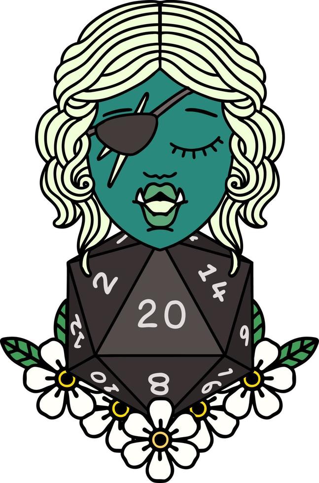 Retro Tattoo Style half orc rogue with natural twenty dice roll vector