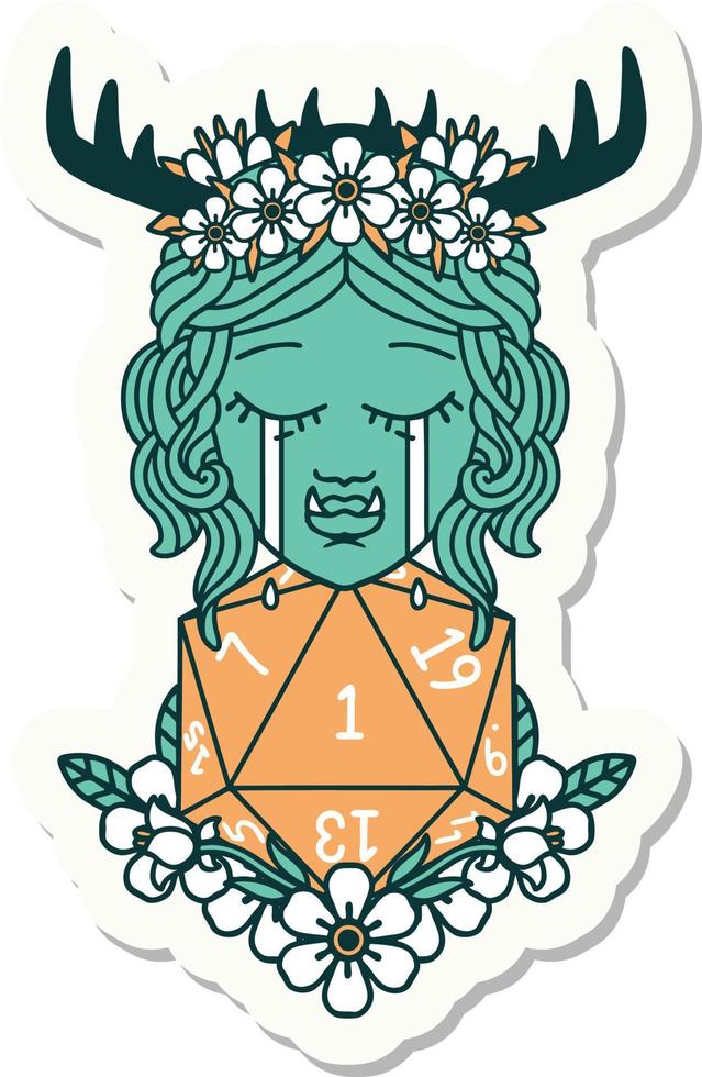 sticker of a sad half orc druid character with natural one dice roll vector