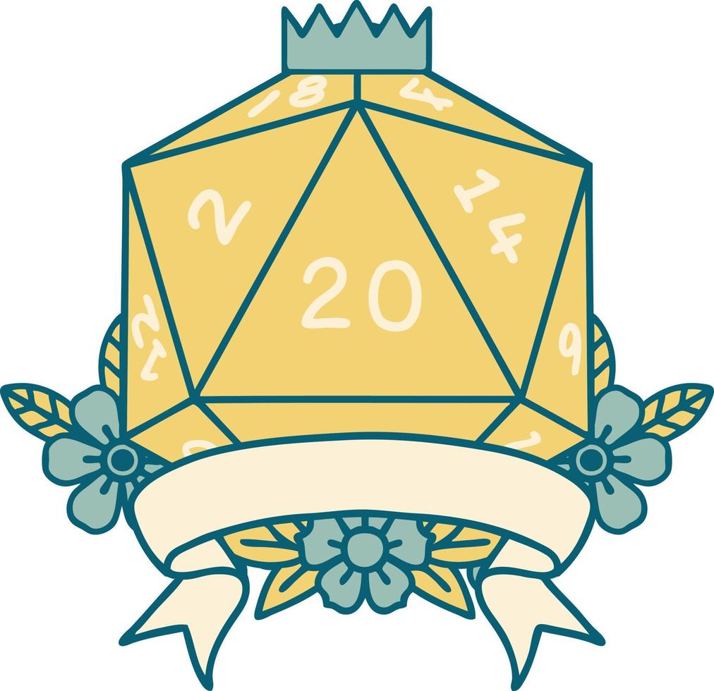 Retro Tattoo Style natural 20 critical hit D20 dice roll vector