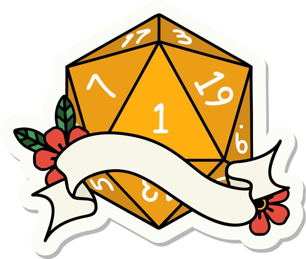 sticker of a natural one d20 dice roll vector