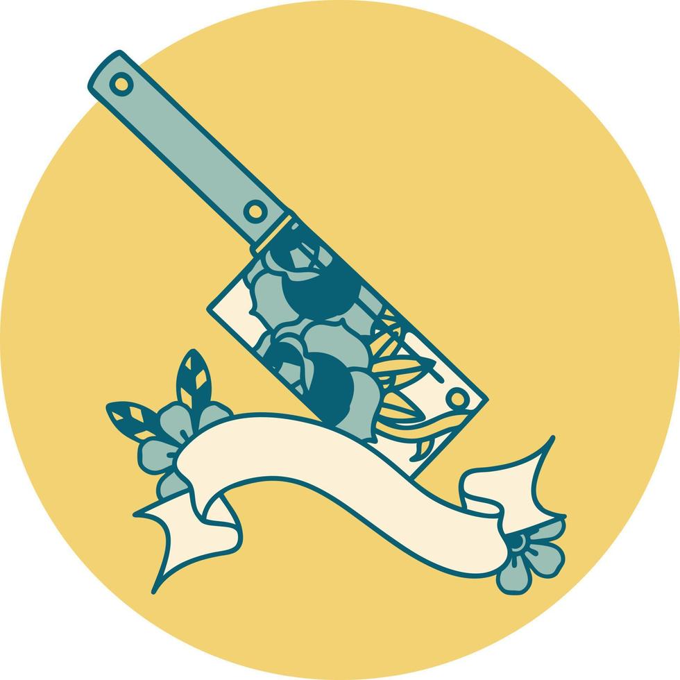 tattoo style icon with banner of a cleaver and flowers vector