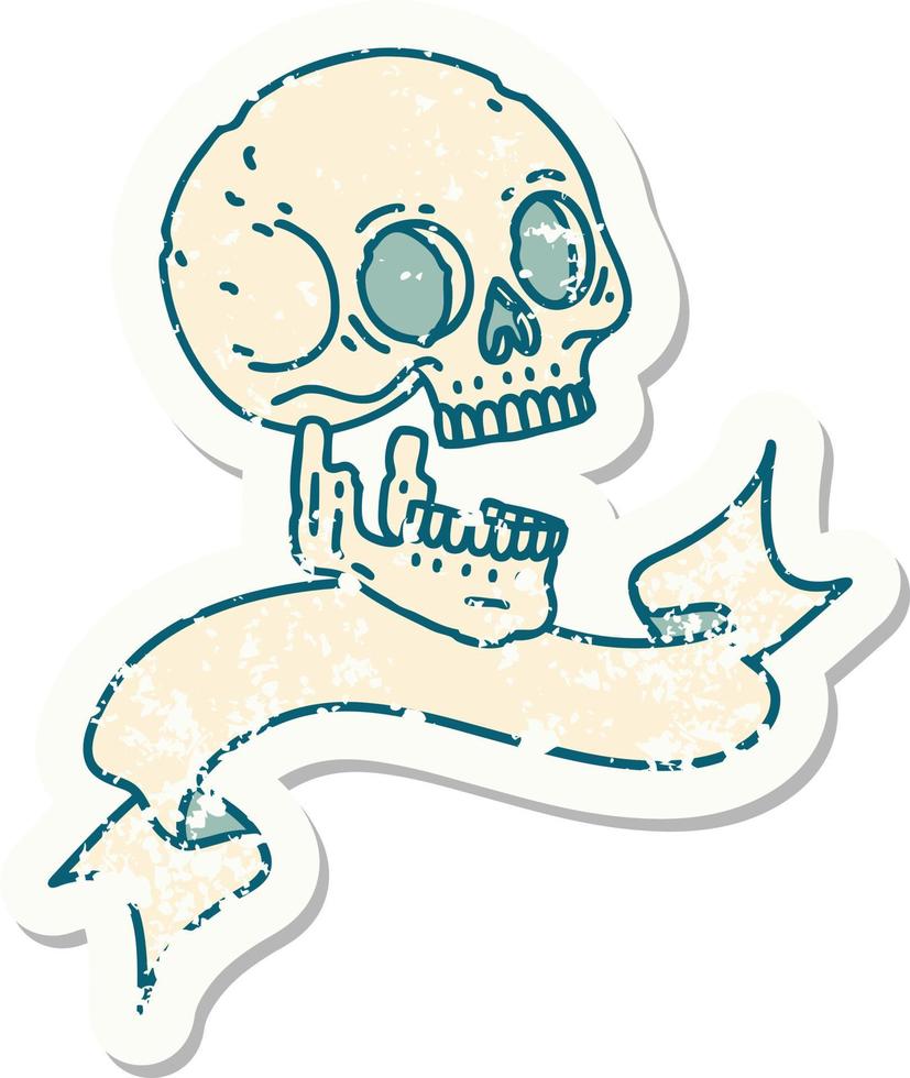 worn old sticker with banner of a skull vector