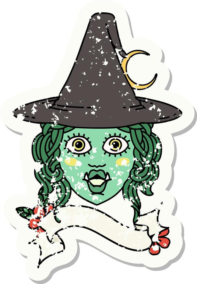 grunge sticker of a half orc witch character face vector