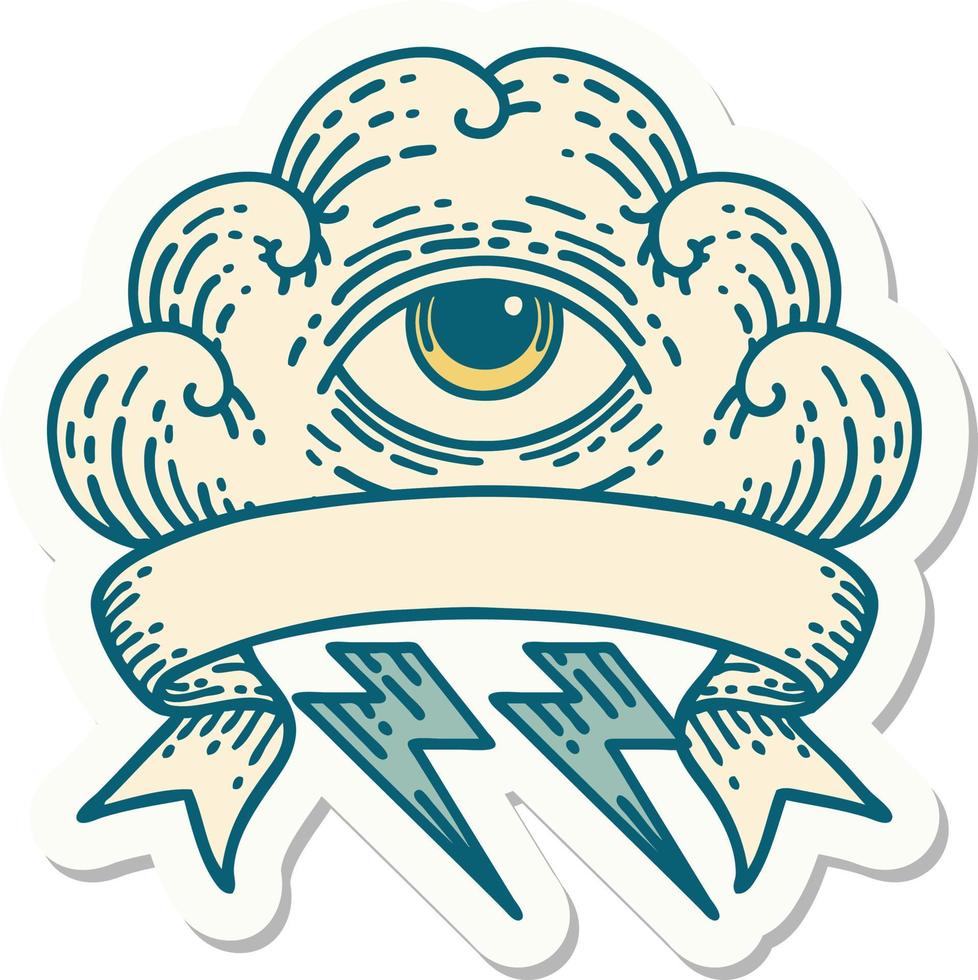 tattoo style sticker with banner of an all seeing eye cloud vector