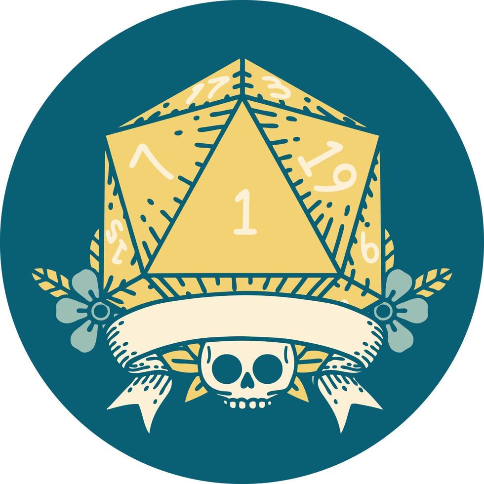 Retro Tattoo Style natural one d20 dice roll vector