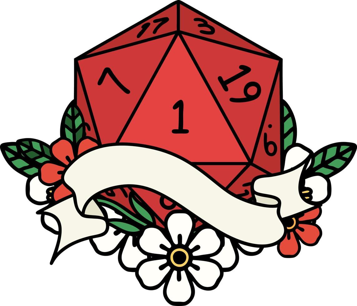 Retro Tattoo Style natural one d20 dice roll vector