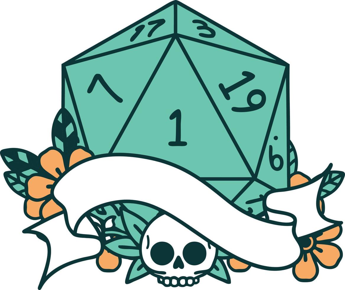 Retro Tattoo Style natural one d20 dice roll vector